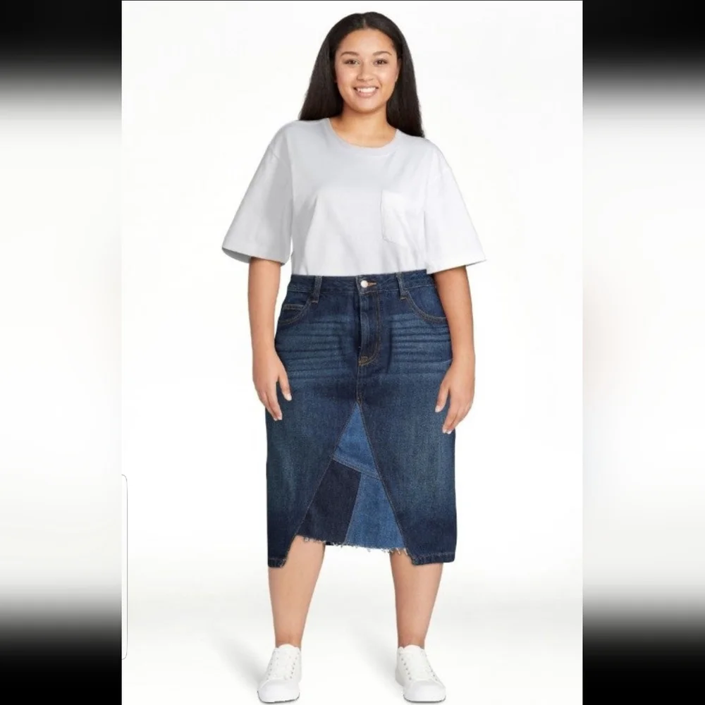 Patchwork Tri Denim Medium Wash Midi Skirt - Picture 1 of 7
